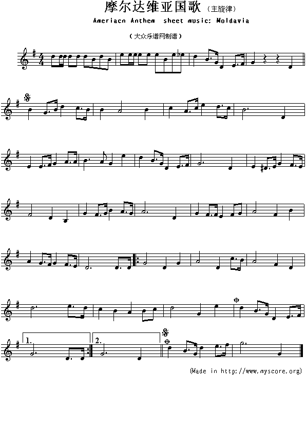 未知 《各国国歌：摩尔达维亚（Ameriacn Anthem sheet music:Moldavia）》简谱