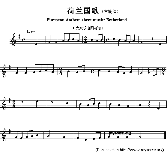 未知 《欧洲各国国歌曲谱：荷兰（European Anthem sheet music:Netherland）》简谱