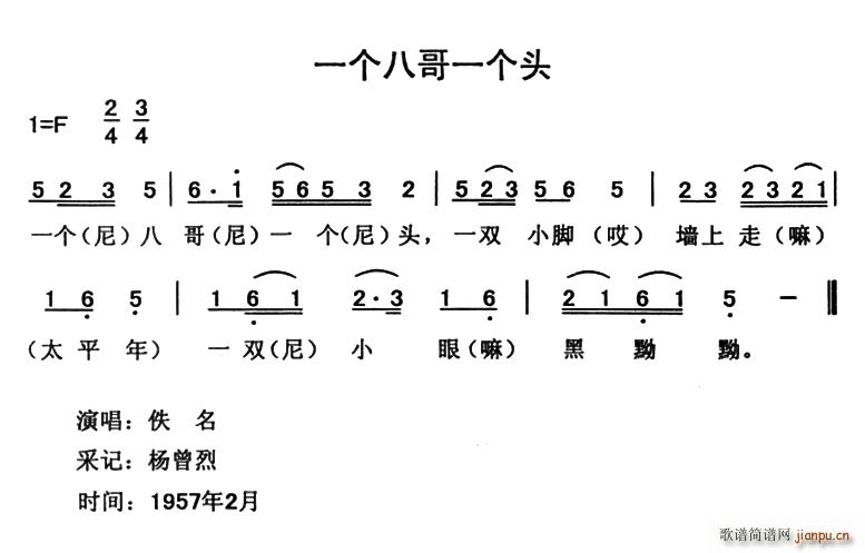 未知 《一个八哥一个头》简谱