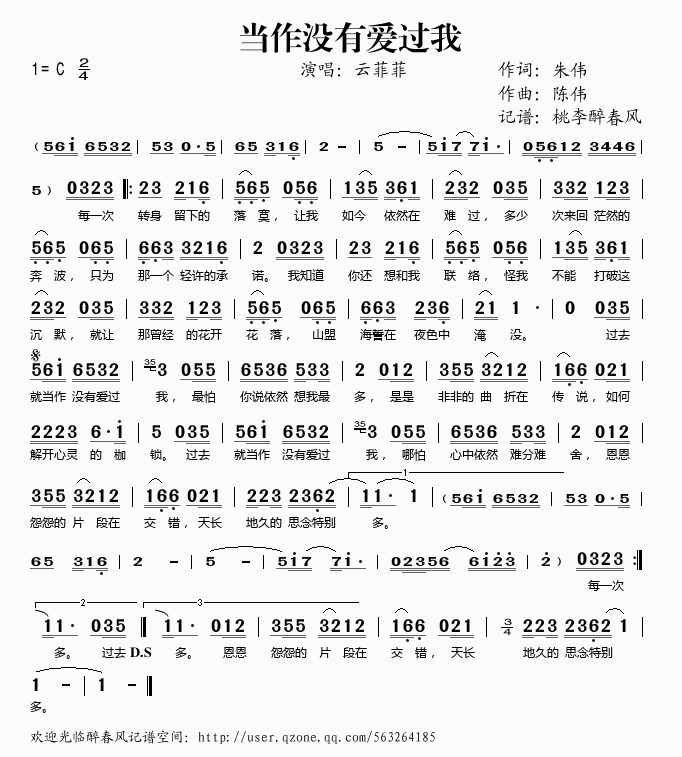 云菲菲 《当作没有爱过我》简谱