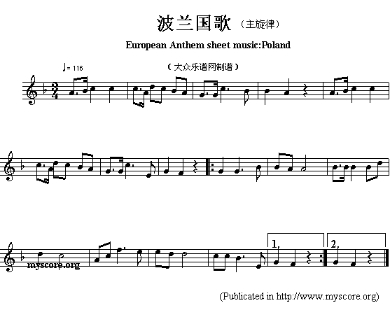 未知 《欧洲各国国歌曲谱：波兰（European Anthem sheet music:Poland）》简谱