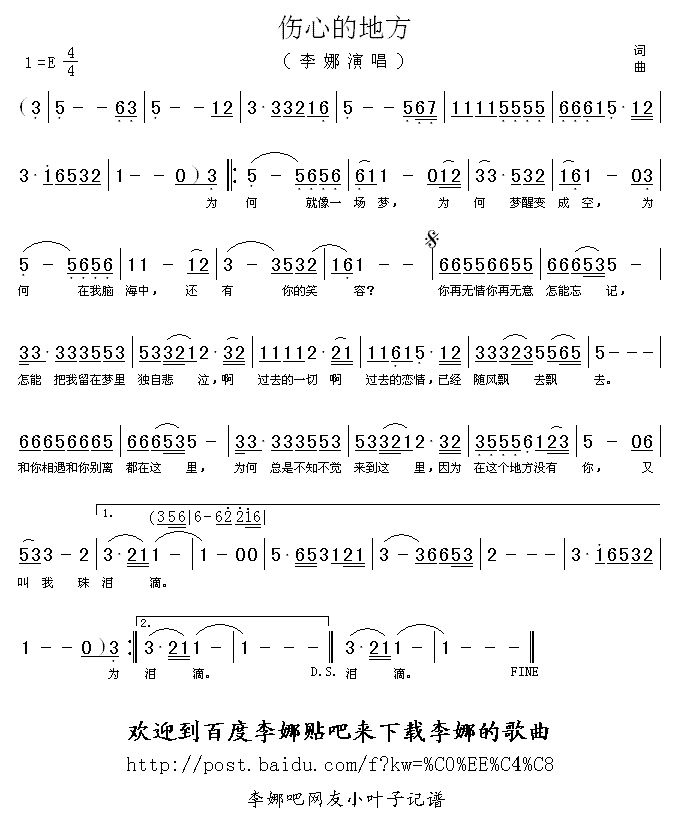 李娜 《伤心的地方》简谱