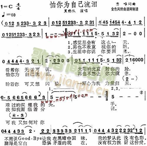 未知 《怕你为自己流泪1》简谱