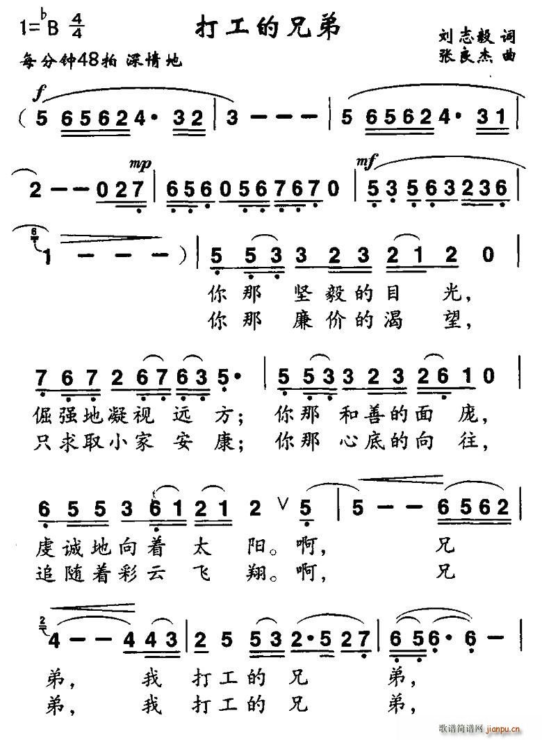 刘志毅 《打工的兄弟》简谱