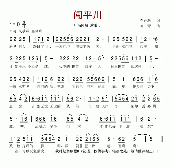 毛阿敏 《闯平川》简谱