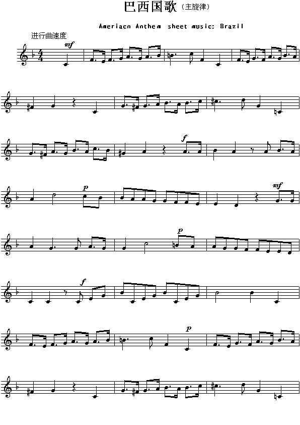 未知 《各国国歌：巴西（Ameriacn Anthem sheet music:Brazil）》简谱