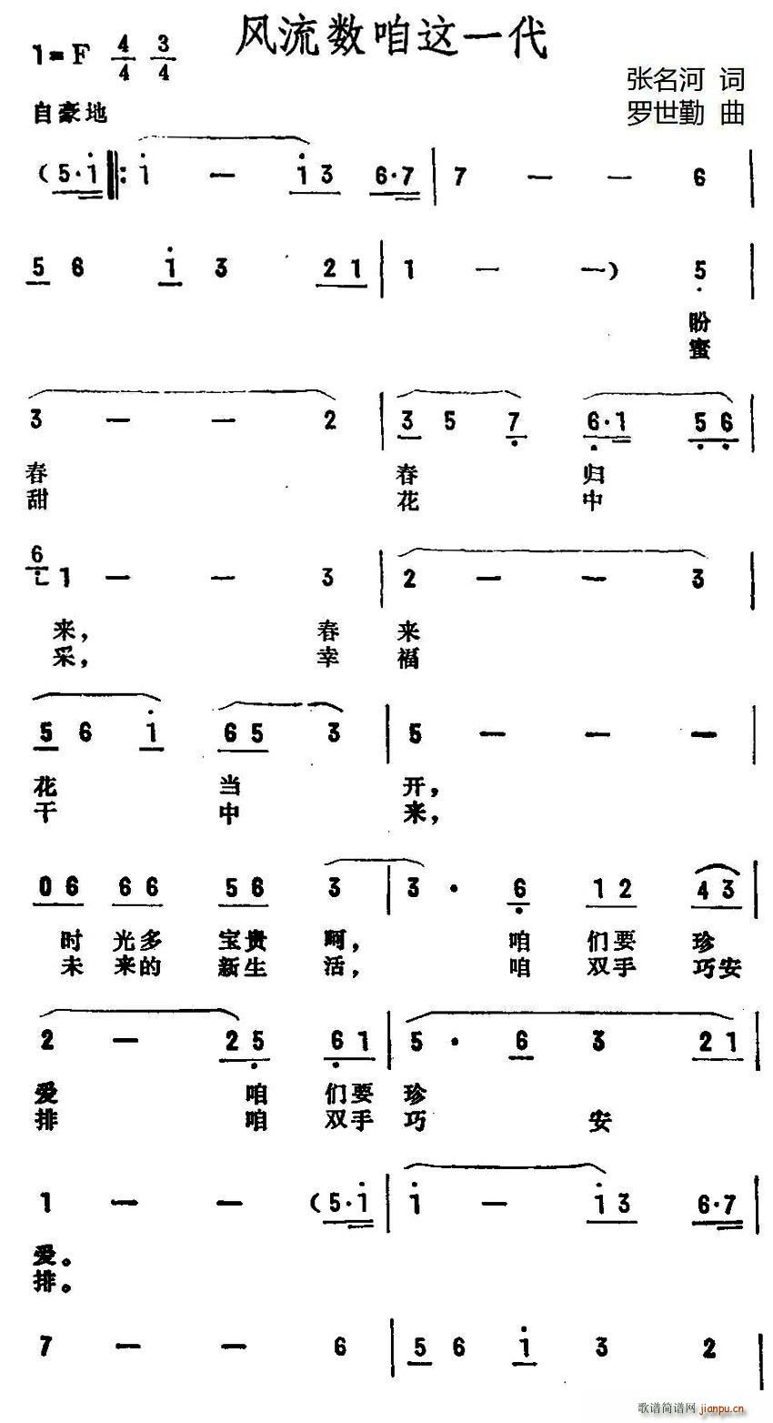 张名河 《风流数咱这一代》简谱