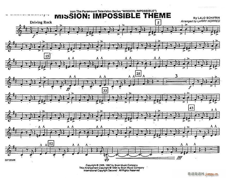 未知 《MISSION IMPOSSIBLE THEME（分谱 上低音萨克斯）》简谱