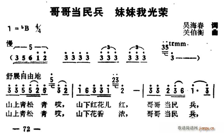 吴海春 《哥哥当民兵 妹妹我光荣》简谱