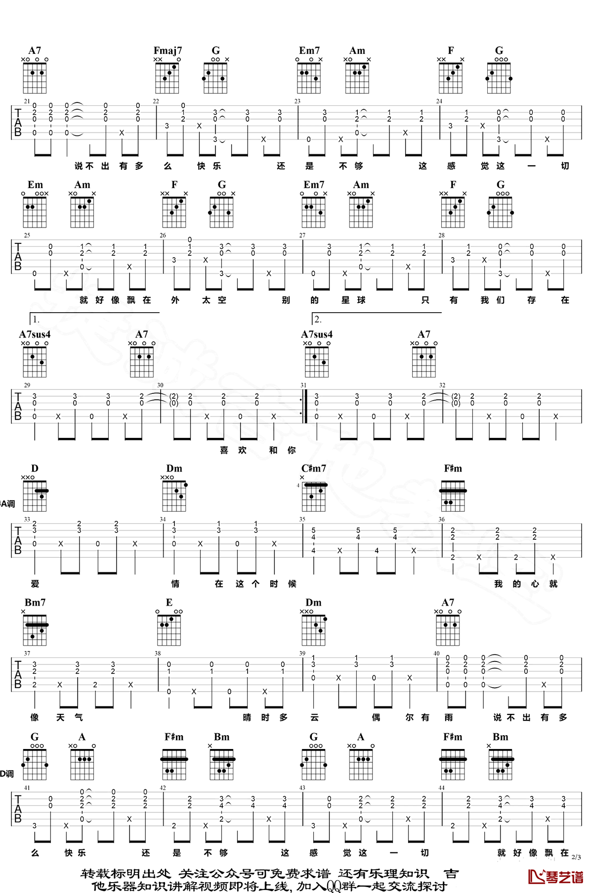 《有你的快乐吉他谱》_王若琳_D调_吉他图片谱3张 图2