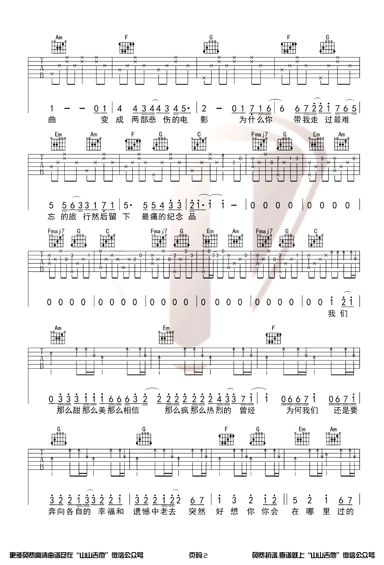 《突然好想你吉他谱》_五月天_D调_吉他图片谱3张 图2