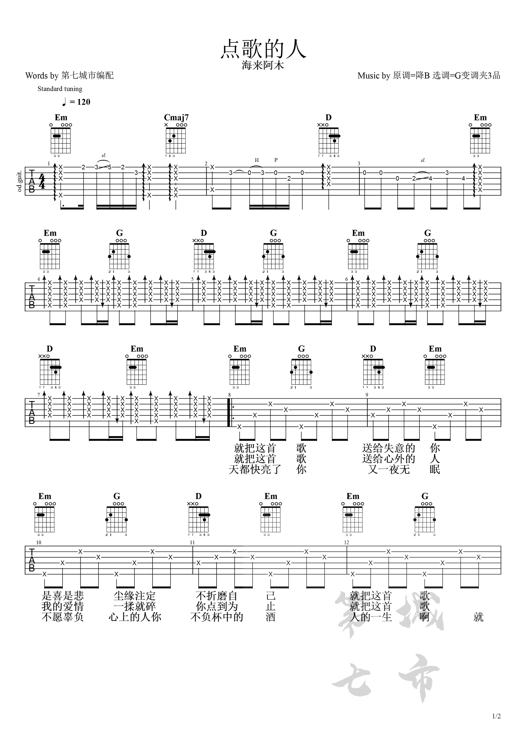 《点歌的人吉他谱》_海来阿木_吉他图片谱2张 图1