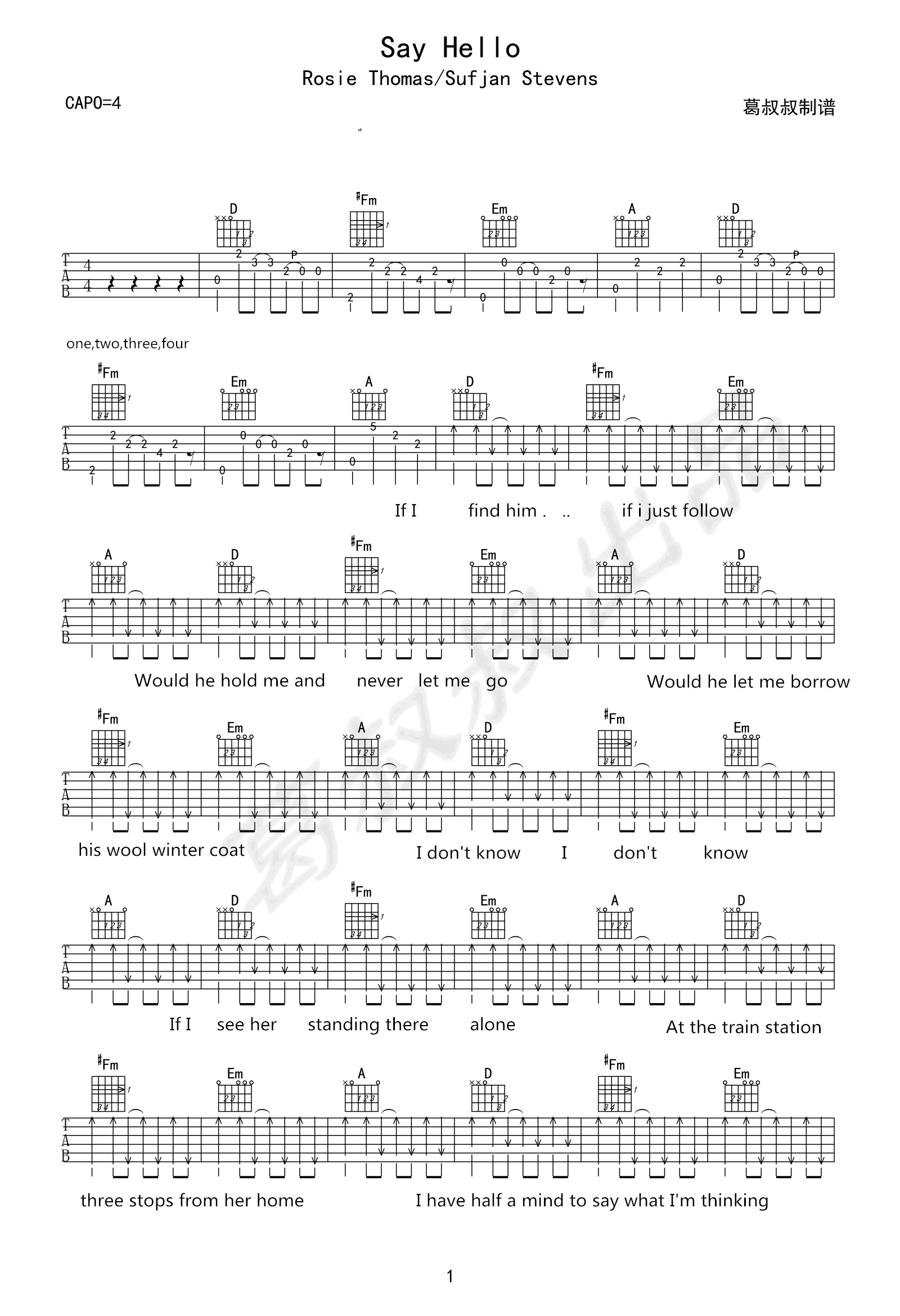 《Say Hello吉他谱》_Thomas/Sufjan_吉他图片谱2张 图1