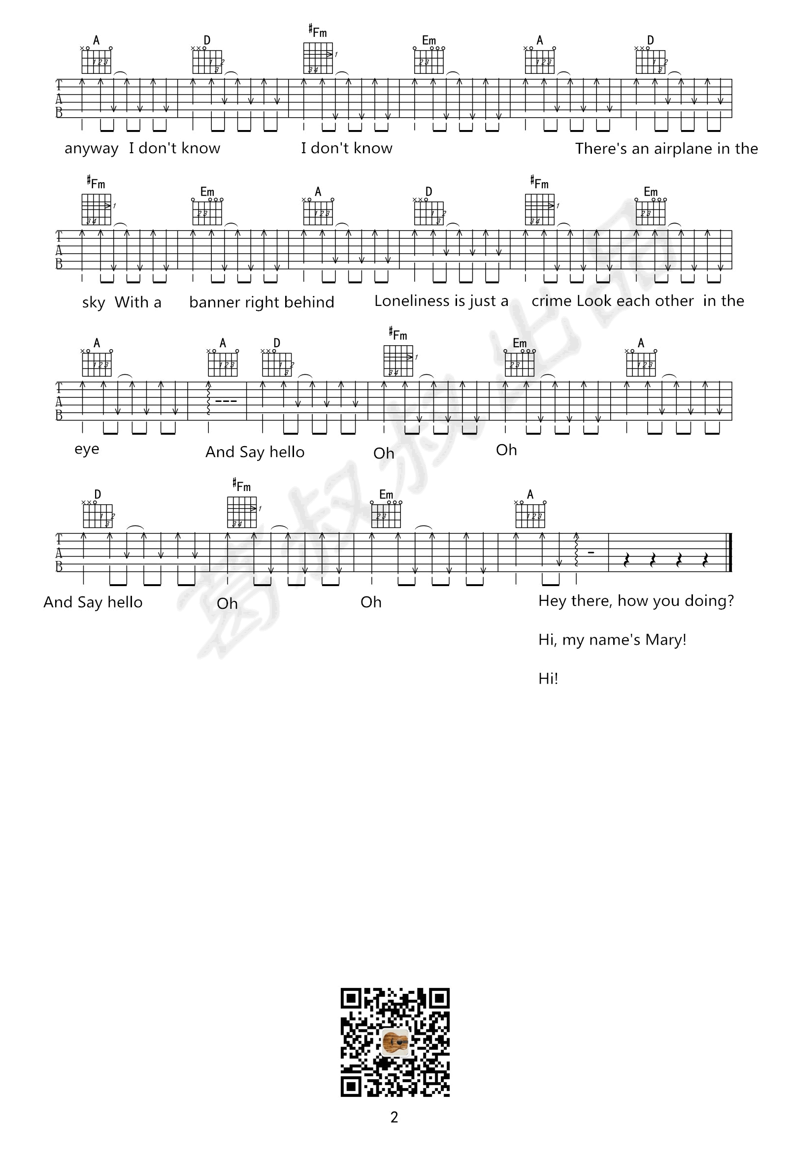 《Say Hello吉他谱》_Thomas/Sufjan_吉他图片谱2张 图2