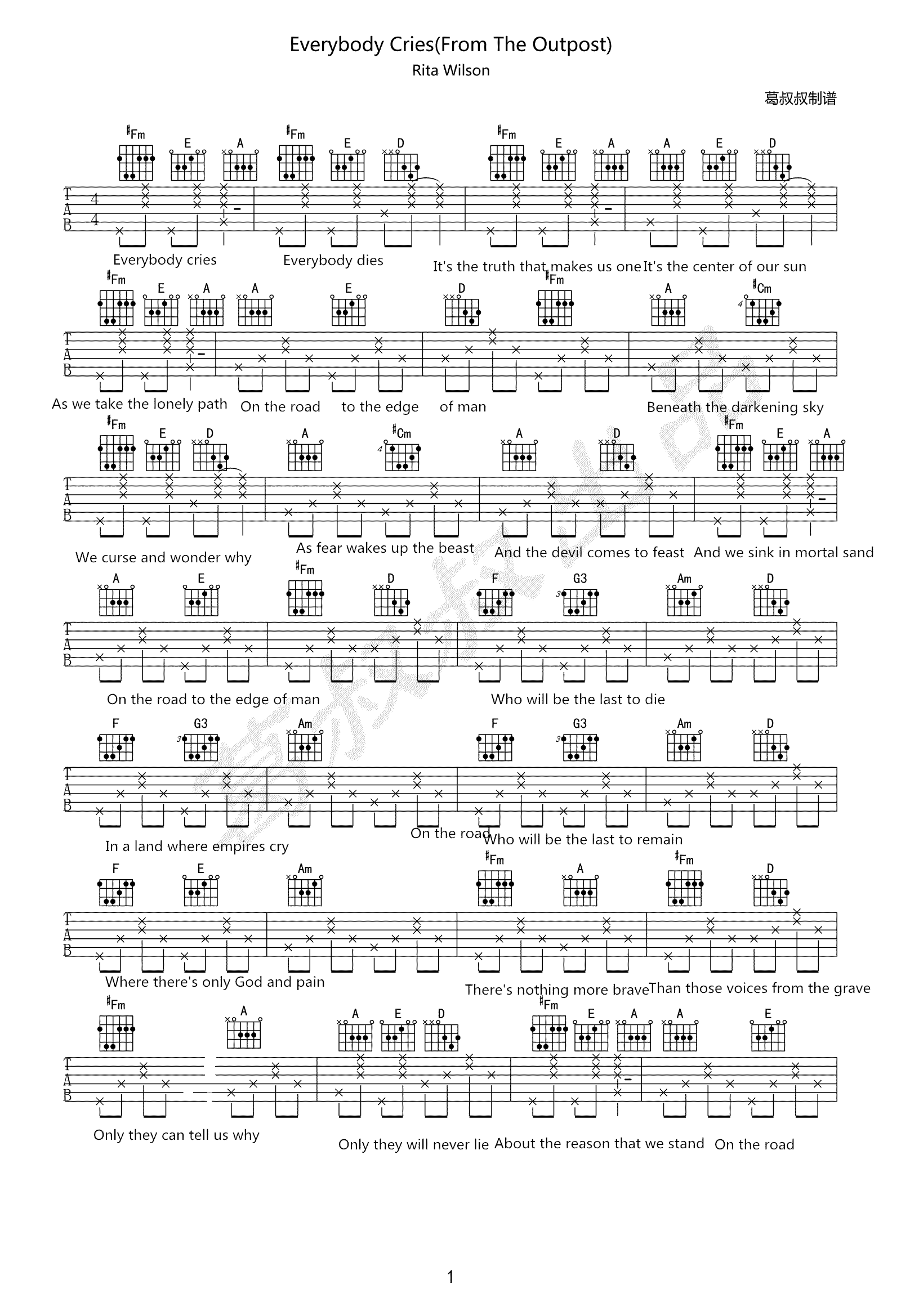 《Everybody Cries吉他谱》_Rita_吉他图片谱2张 图1