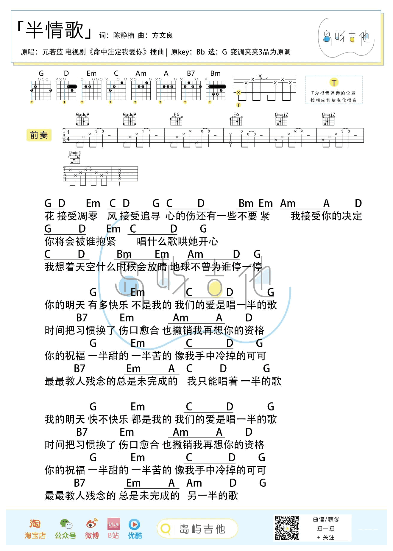 《半情歌吉他谱》_元若蓝_吉他图片谱3张 图3