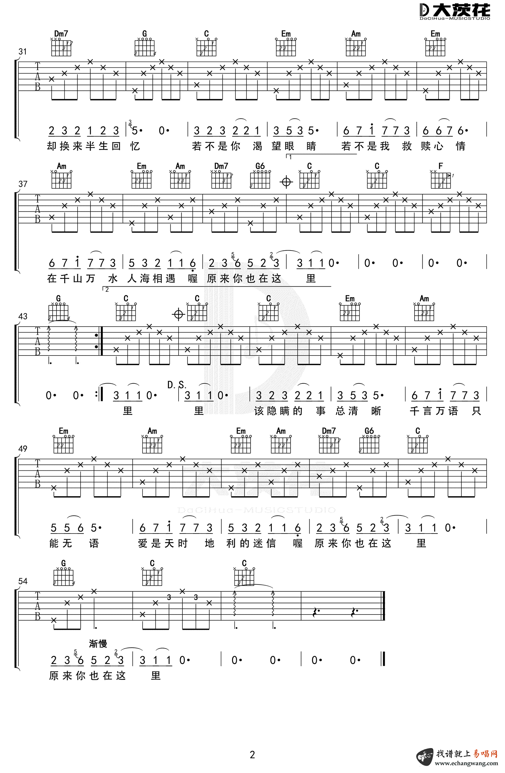 《原来你也在这里吉他谱》_刘若英_C调_吉他图片谱2张 图2