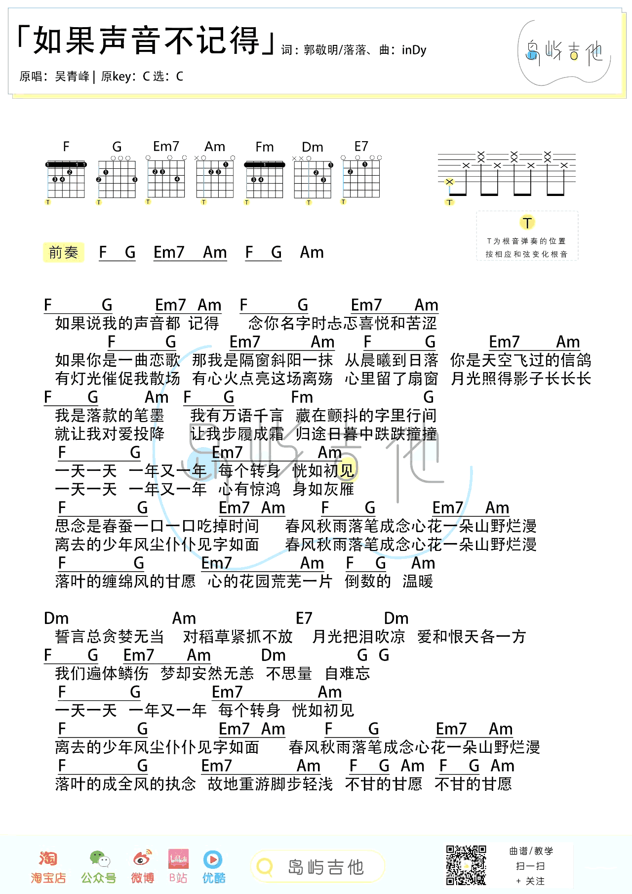 《如果声音不记得吉他谱》_吴青峰_吉他图片谱2张 图1