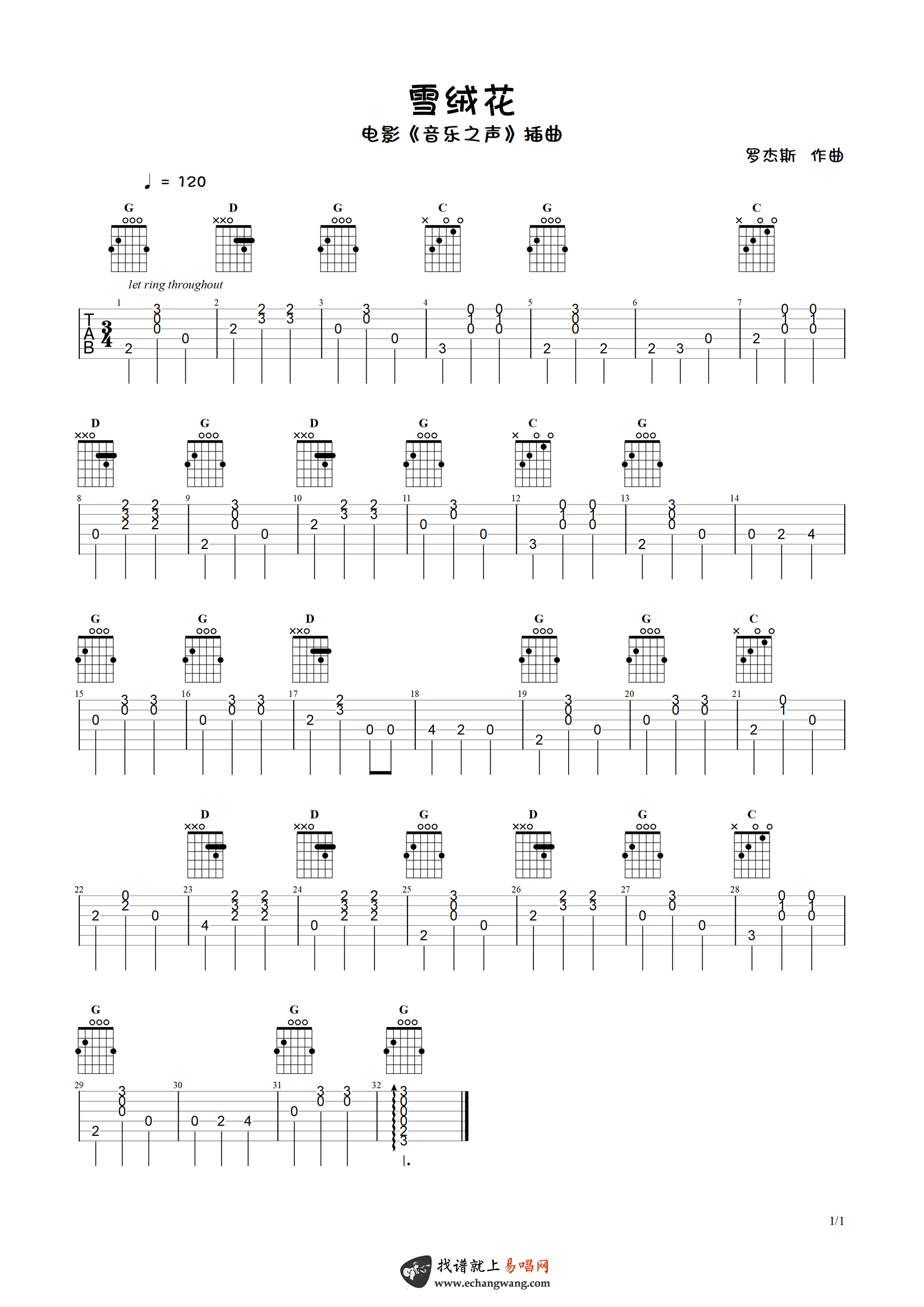 《雪绒花指弹谱吉他谱》_独奏曲_吉他图片谱1张 图1