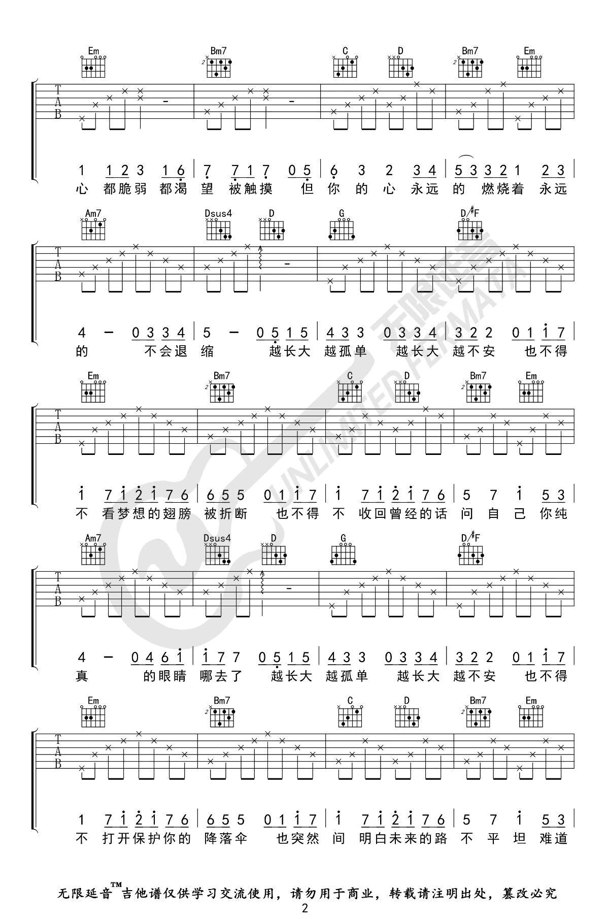 《越长大越孤单吉他谱》_牛奶咖啡_B调_吉他图片谱3张 图2