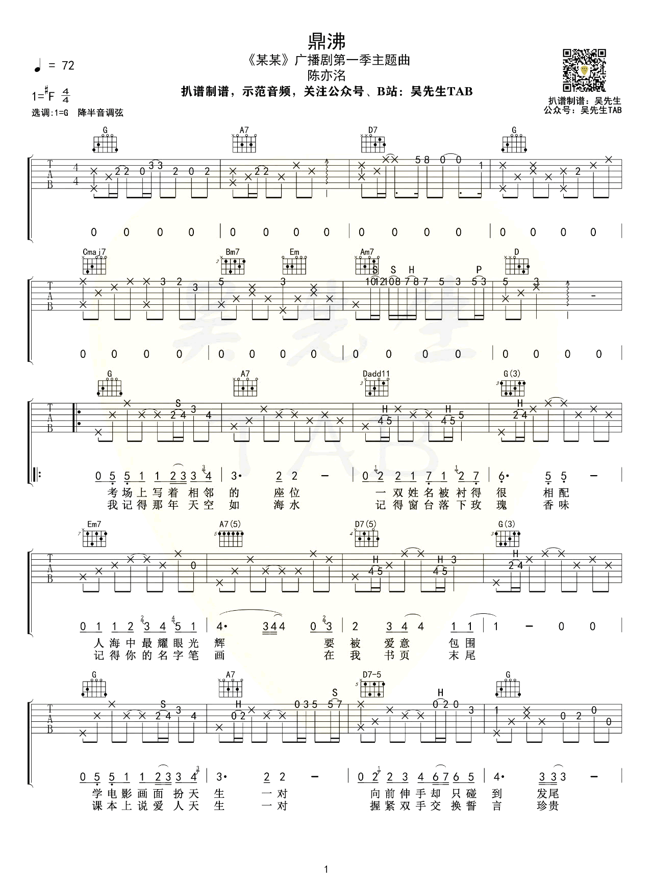 《鼎沸吉他谱》_陈亦洺_F调_吉他图片谱3张 图1