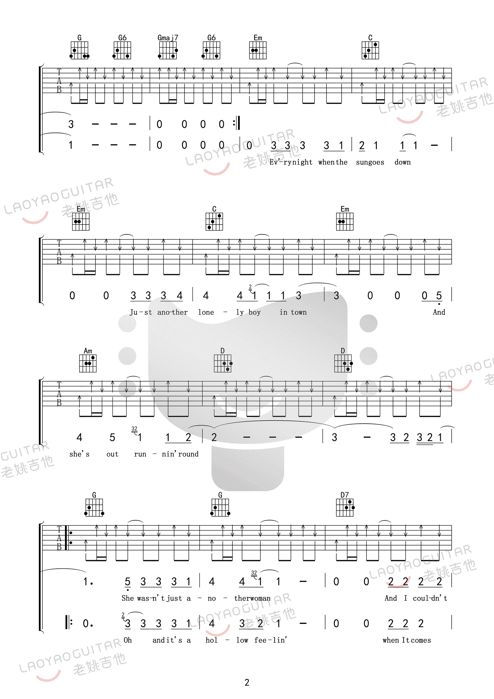 《Tequila Sunrise吉他谱》_Eagles_G调_吉他图片谱4张 图2