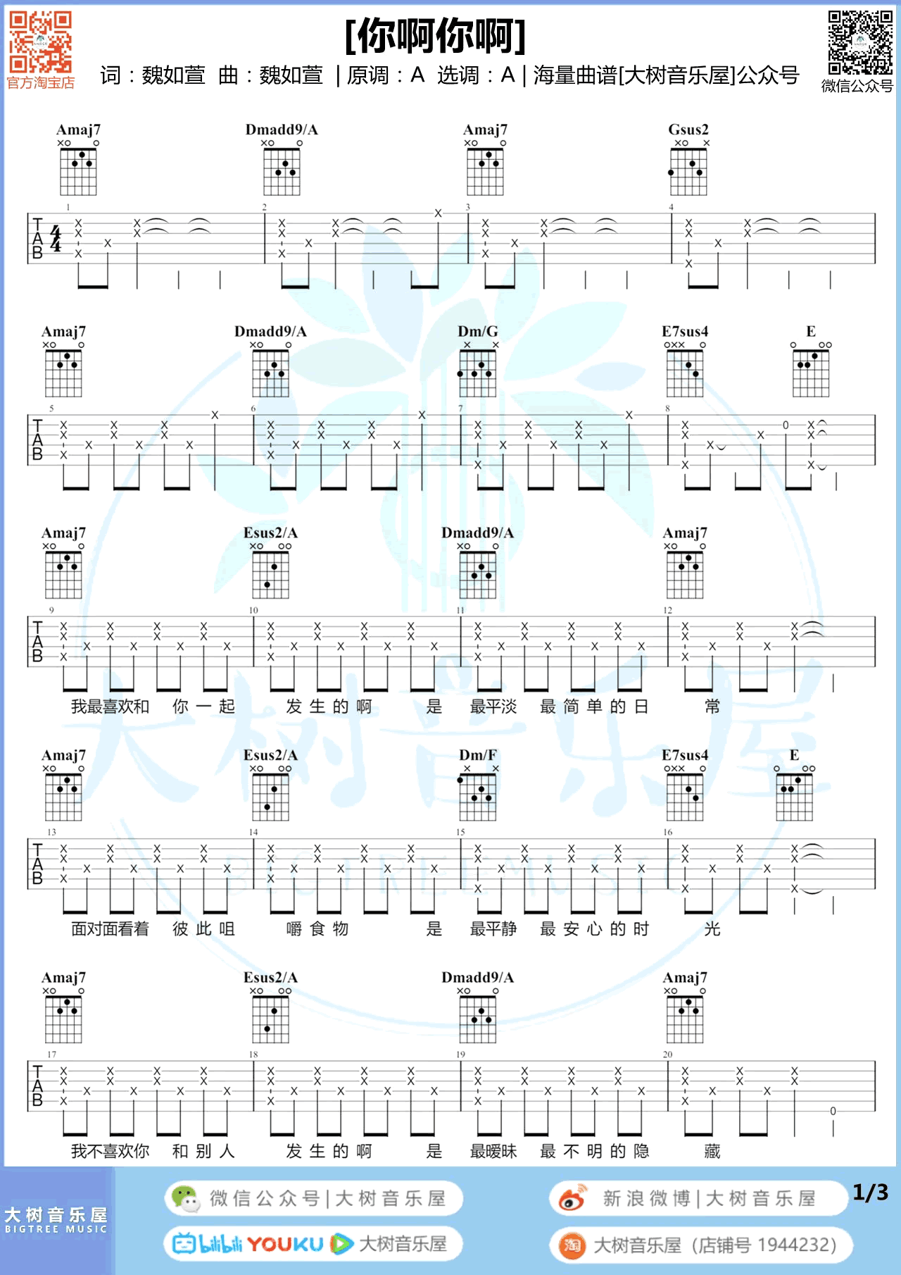 《你啊你啊吉他谱》_魏如萱_吉他图片谱3张 图1
