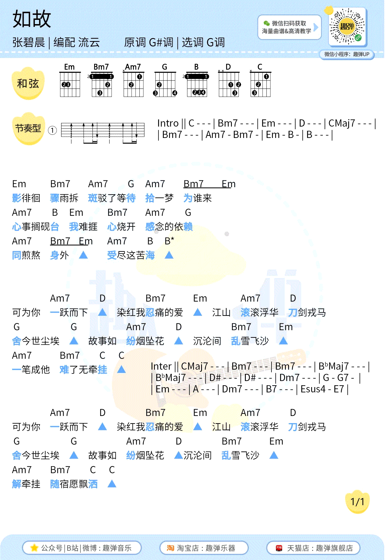 《如故吉他谱》_张碧晨_吉他图片谱2张 图1