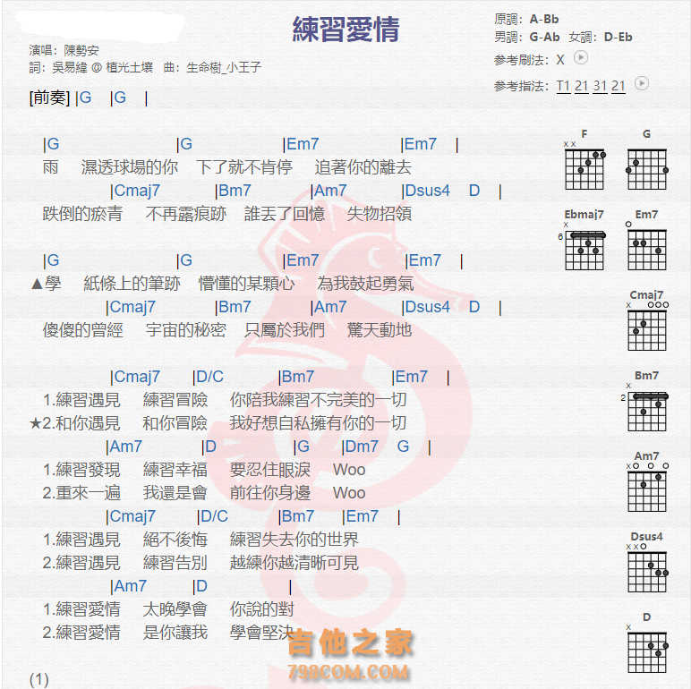 《练习爱情吉他谱》_陈势安_吉他图片谱2张 图1