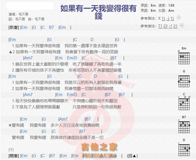 《如果有一天我变得很有钱吉他谱》_毛不易_吉他图片谱2张 图1
