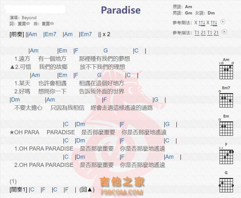 《paradise吉他谱》_beyond_吉他图片谱2张 图1