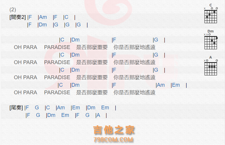 《paradise吉他谱》_beyond_吉他图片谱2张 图2