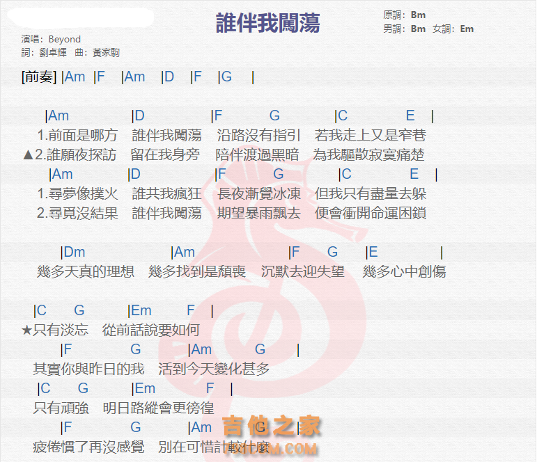 《谁伴我闯荡吉他谱》_beyond_吉他图片谱2张 图1