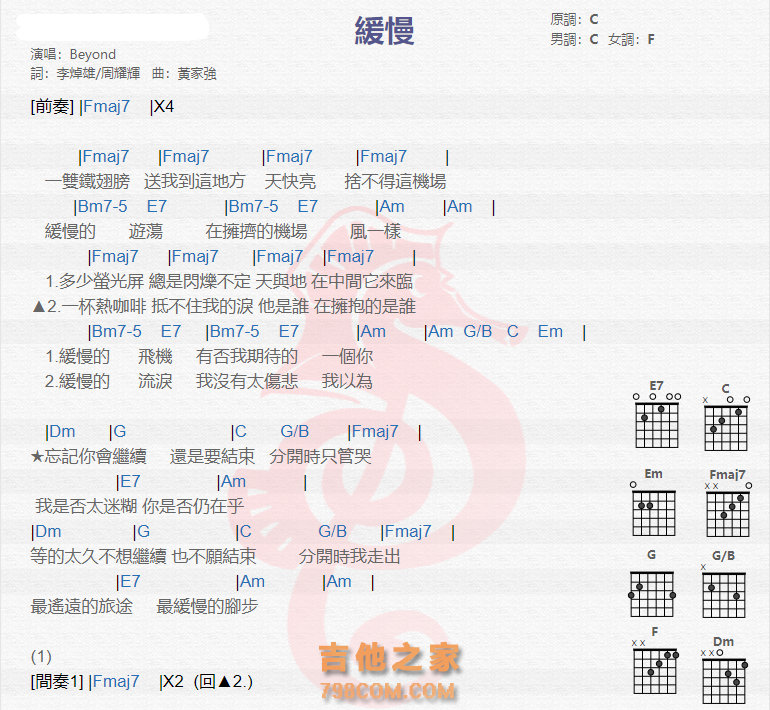 《缓慢吉他谱》_beyond_吉他图片谱2张 图1