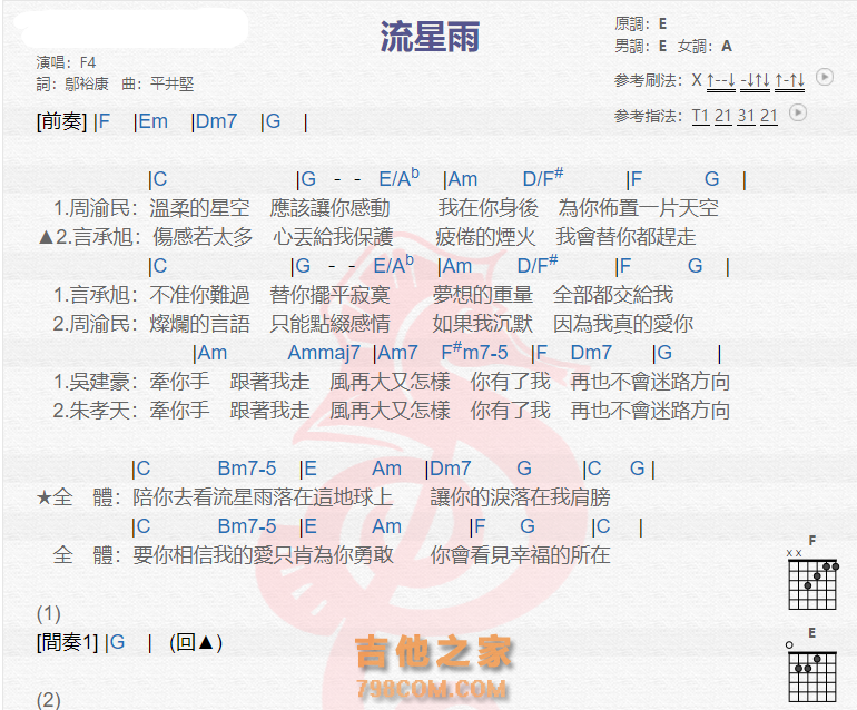 《流星雨吉他谱》_F4_吉他图片谱2张 图1