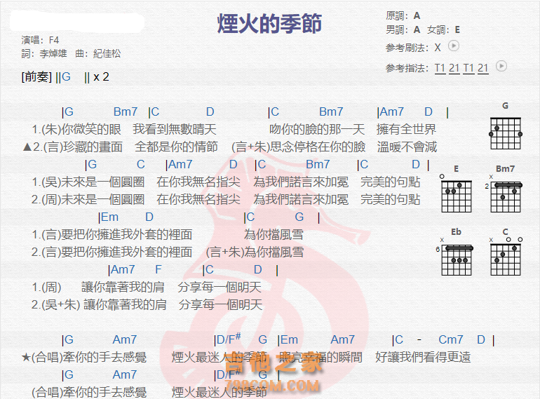 《烟火的季节吉他谱》_F4_吉他图片谱2张 图1