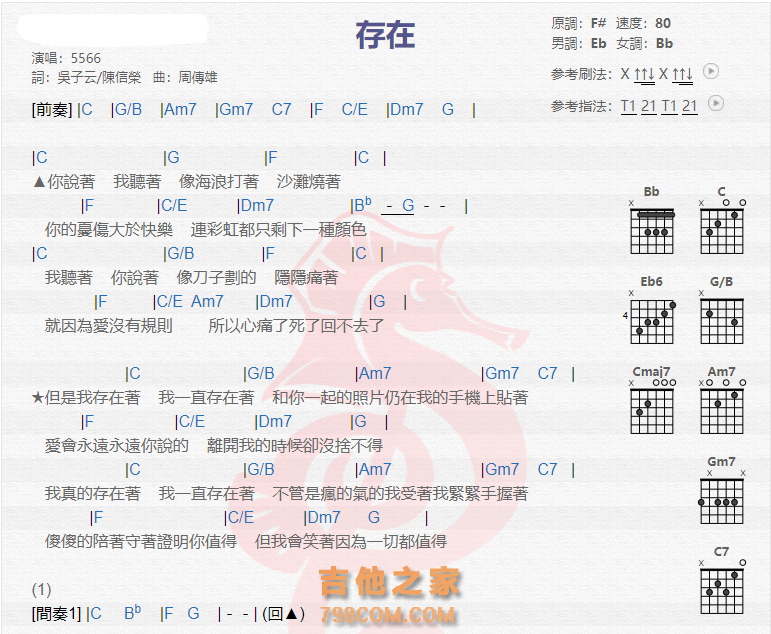 《存在吉他谱》_5566_吉他图片谱2张 图1