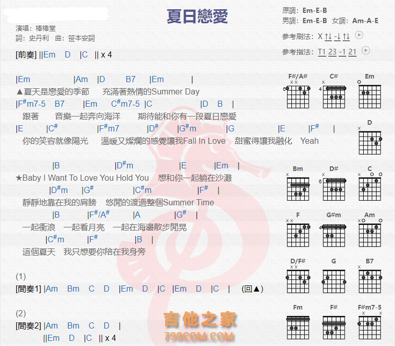 《夏日恋爱吉他谱》_棒棒堂_吉他图片谱2张 图1