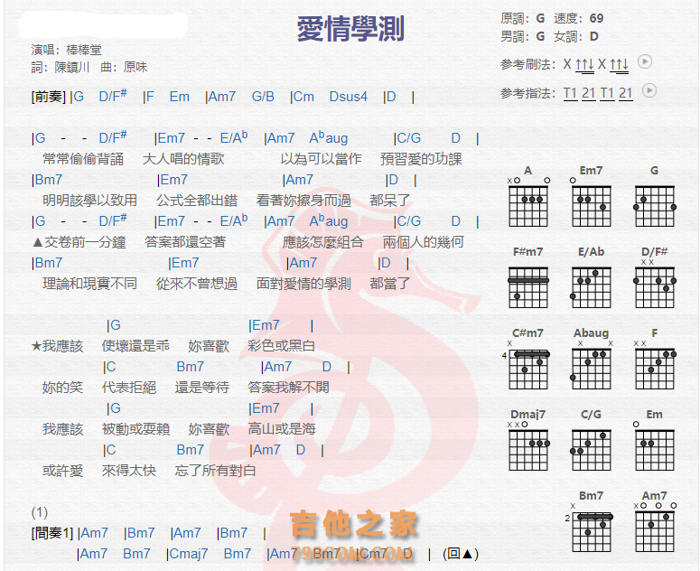 《爱情学测吉他谱》_棒棒堂_吉他图片谱2张 图1