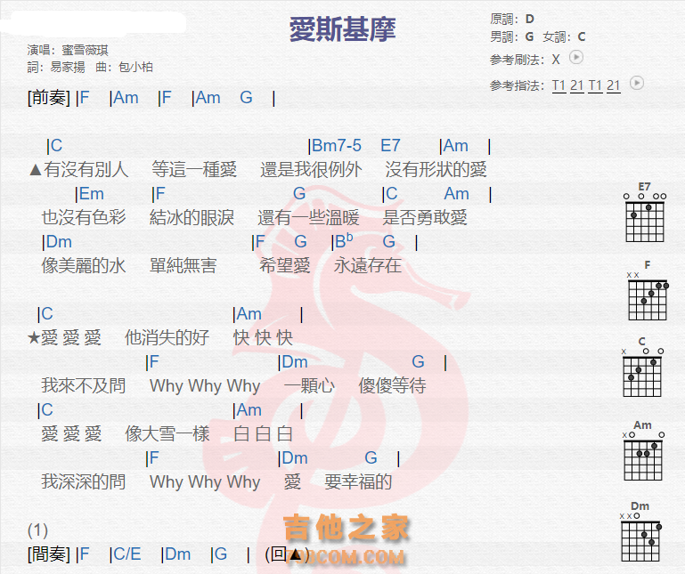 《爱斯基摩吉他谱》_蜜雪薇琪_吉他图片谱2张 图1