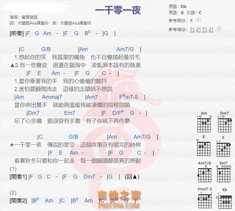 《一千零一夜吉他谱》_蜜雪薇琪_吉他图片谱2张 图1