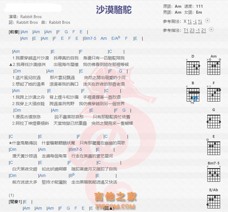 《沙漠骆驼吉他谱》_展展与罗罗_吉他图片谱2张 图1