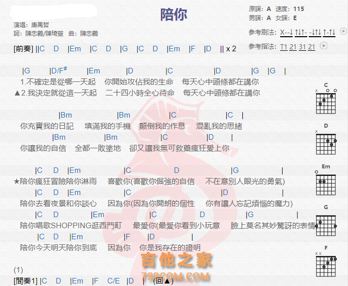 《陪你吉他谱》_唐禹哲_吉他图片谱2张 图1