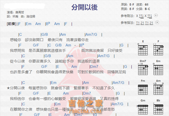 《分开以后吉他谱》_唐禹哲_吉他图片谱2张 图1