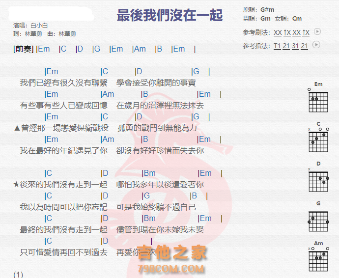 《最后我们没在一起吉他谱》_白小白_吉他图片谱2张 图1