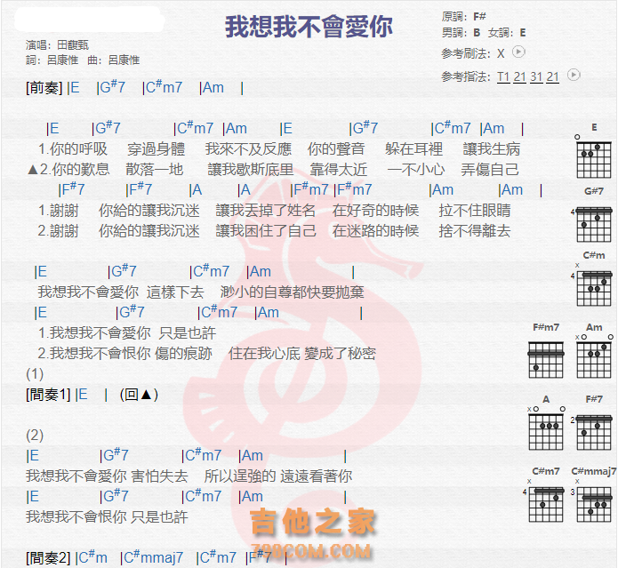 《我想我不会爱你吉他谱》_田馥甄_吉他图片谱2张 图1