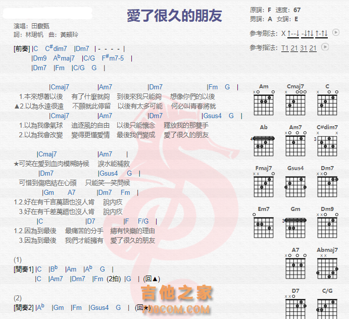 《爱了很久的朋友吉他谱》_田馥甄_吉他图片谱2张 图1