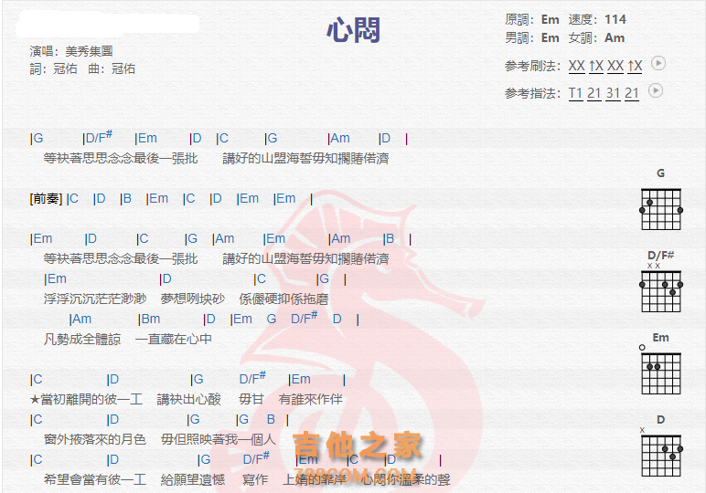 《心闷吉他谱》_美秀集团_吉他图片谱2张 图1