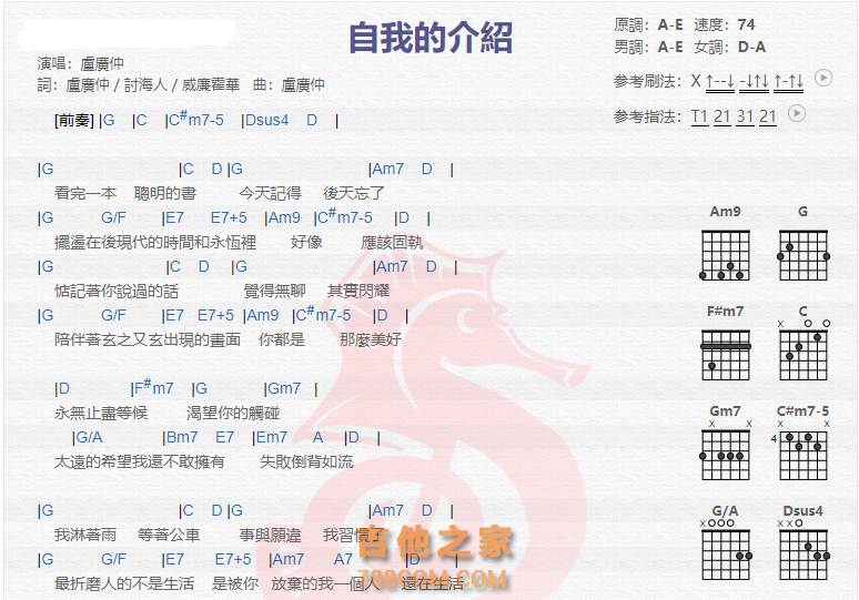 《自我的介绍吉他谱》_卢广仲_吉他图片谱2张 图1