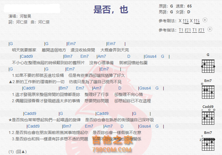 《是否,也吉他谱》_河智昊_吉他图片谱2张 图1